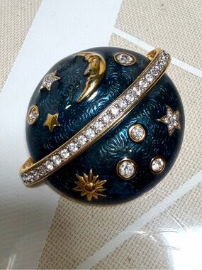 Vintage 80s Swarovski Crystal Blue Enamel Celestial Moon and Stars Pin Brooch